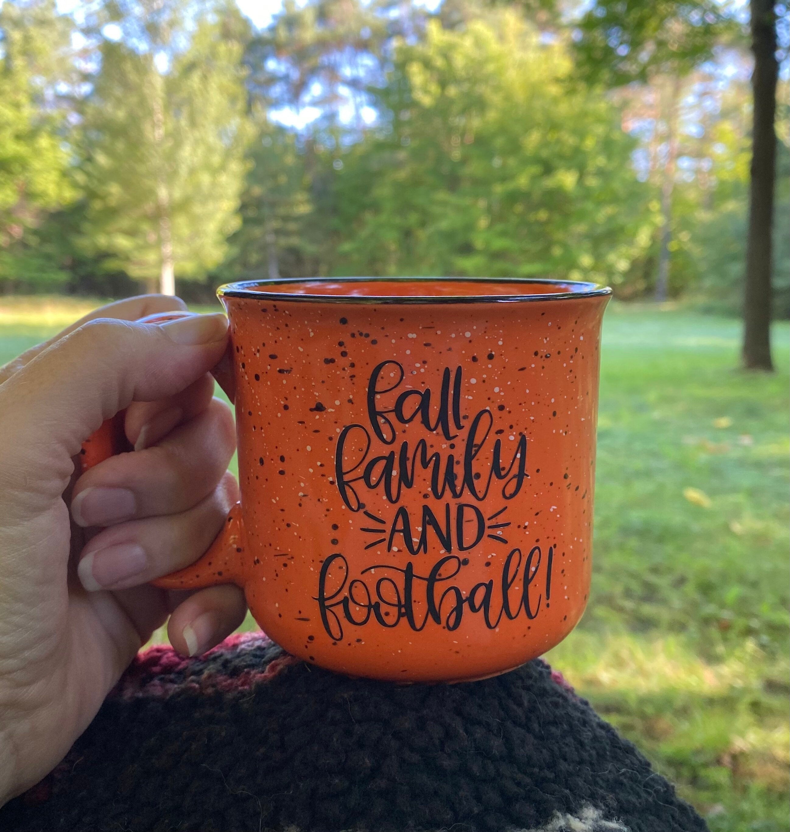 Fall Family and Football Ceramic Campfire Mug / Fall Ceramic Mug / Speckled Ceramic Camp Mug